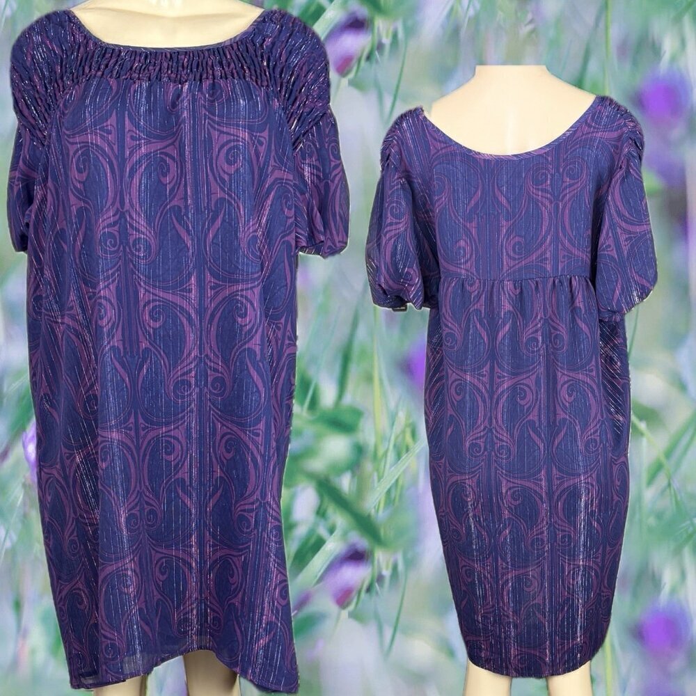 Elle L Purple Metallic Lined Square Neckline Textured Bodice Short Sleeve Dress